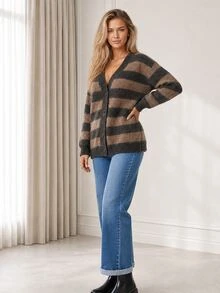 ELLERISSA Coffee Brown Stripe Knit Cardigan V Neck Button Front Long Sleeve Oversized Fit - Coffee Brown - View 4