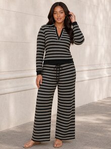 ELLERISSA Setelan Polo Rugby Garis Hitam Ukuran Plus dan Celana Panjang Lebar untuk Musim Gugur - Hitam - View 1