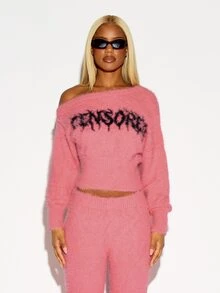 SUMWON WOMEN Fuzzy Knit Off-Shoulder Crop Sweater With Grunge Text Chest Print Long Sleeve Cozy Winter Party Style - Pink - View 1