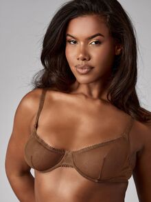 MISSGUIDED Sheer Mesh Underwired Balconette Bra With Picot Trim And Adjustable Straps And Panty Set Everyday Intimates - Coffee Brown - View 5