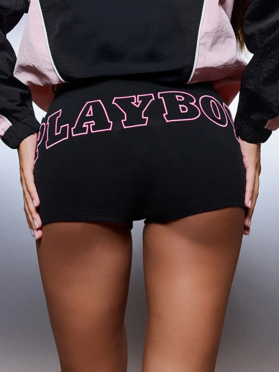 Missguided x Playboy Mini Hot Pants With Varsity Embroidered Logo Print Stretch Knit Booty Shorts Summer Festival Party - Black - View 1