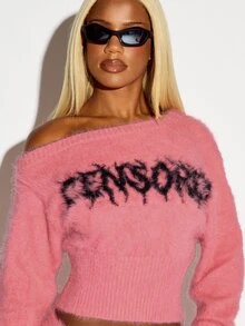 SUMWON WOMEN Fuzzy Knit Off-Shoulder Crop Sweater With Grunge Text Chest Print Long Sleeve Cozy Winter Party Style - Pink - View 3