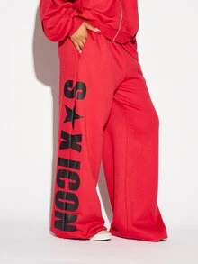 SUMWON WOMEN Oversized Wide Leg Sweatpants With Bold S Star Icon Leg Print Side Pockets High Rise Casual Lounge Trousers Fall Winter - Red - View 1