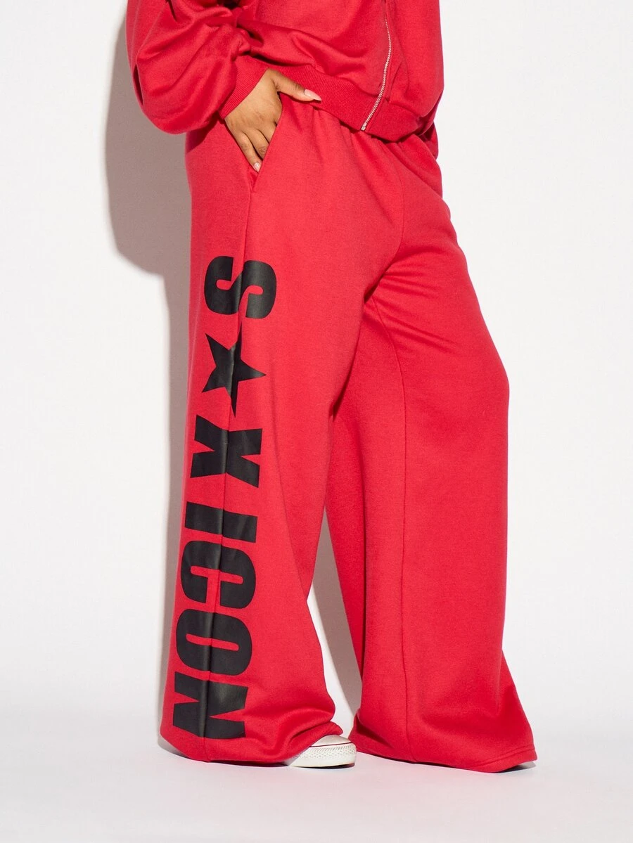 SUMWON WOMEN Oversized Wide Leg Sweatpants With Bold S Star Icon Leg Print Side Pockets High Rise Casual Lounge Trousers Fall Winter - Red - View 1