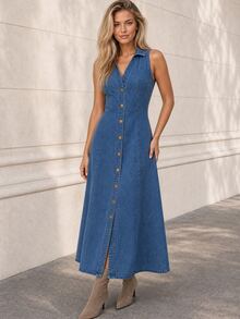 ELLERISSA Blue Sleeveless Collared V Neck Button Front Denim Midi Dress - Blue - View 3