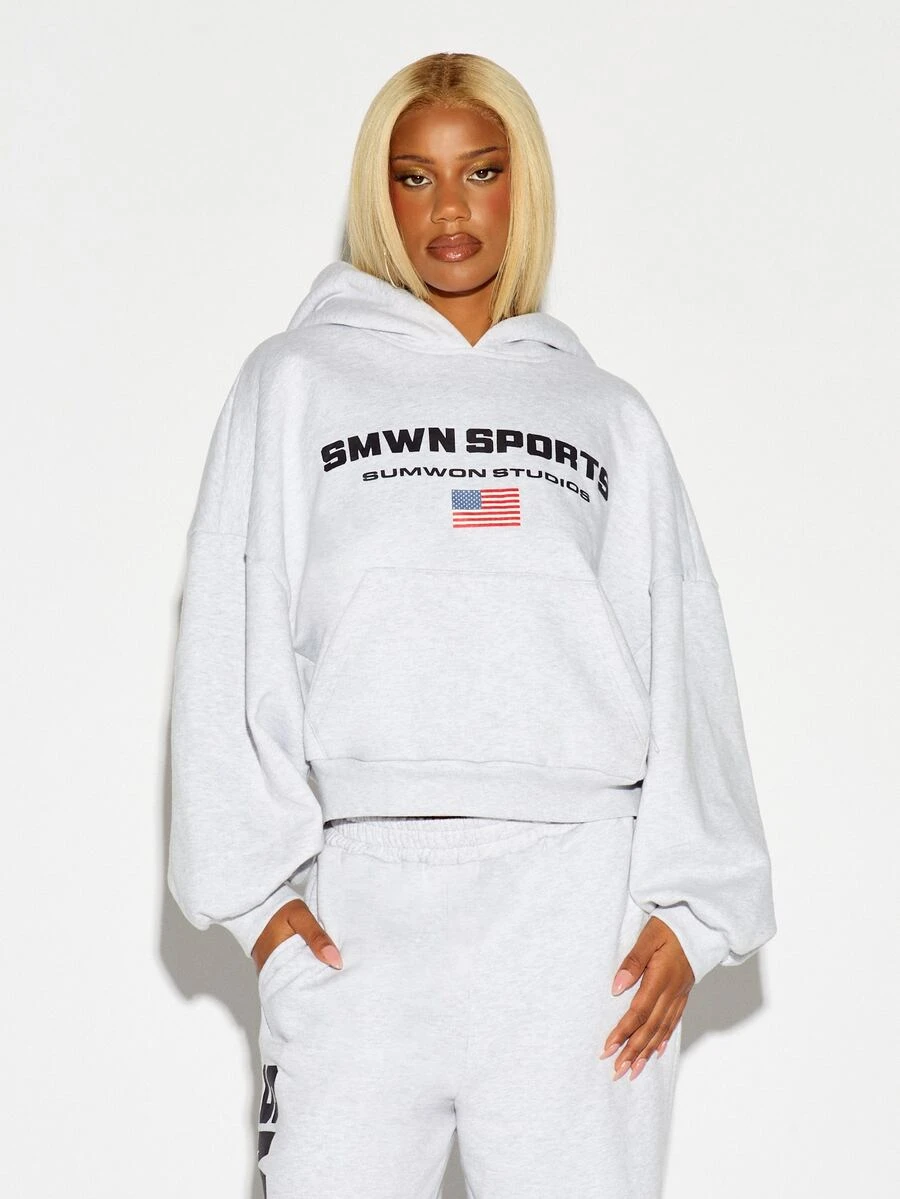 SUMWON WOMEN Boxy Fit Sports Oversized Crop Hoodie With Chest Logo And American Flag Print Long Sleeve Centre Pocket - Grey - View 1