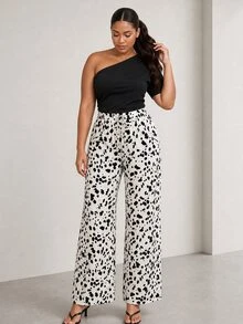 ELLERISSA Plus Size Black And White Dalmatian Print Wide Leg Drawstring Waist Pants Fall - Black and White - View 1