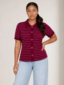 ELLERISSA Plus Size Burgundy Stripe Collared Short Sleeve Button Front Knit Cardigan Top - Burgundy - View 6