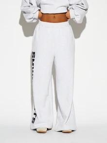 SUMWON WOMEN Winter Essentials Oversized Sports Wide Leg Sweatpants With Bold Vertical Leg Print Elastic Waist Casual Fleece Jogger Pants Autumn Warm Cozy - Grey - View 3