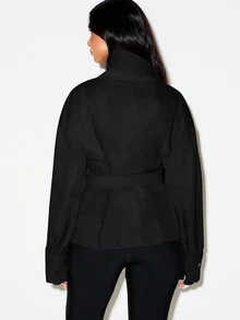 KIZN High Neck Belted Oversized Jacket With Button Front Closure And Wrap Tie Waist Detail For Fall Winter - Black - View 4