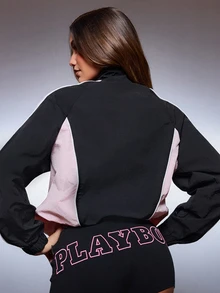 Missguided x Playboy Mini Hot Pants With Varsity Embroidered Logo Print Stretch Knit Booty Shorts Summer Festival Party - Black - View 3