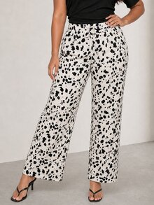 ELLERISSA Plus Size Black And White Dalmatian Print Wide Leg Drawstring Waist Pants Fall - Black and White - View 6