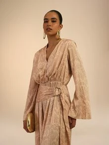 Dancing Leopard Beige Snake Print Jacquard Wrap Jumpsuit, Special Occasion Wear - Multicolor - View 5