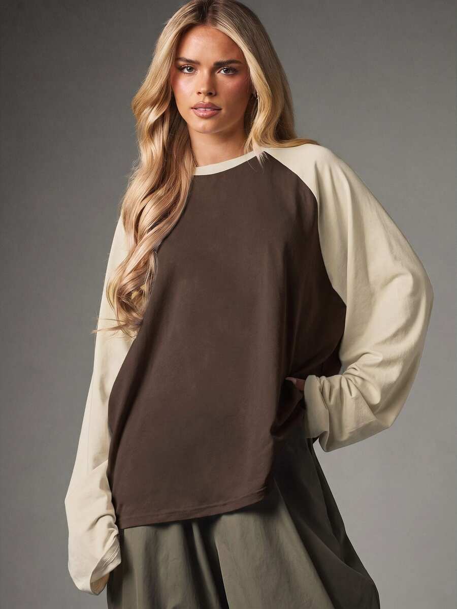 MISSGUIDED Oversized Raglan Long Sleeve Top With Contrast Cream Sleeves And Crew Neck Color Block Casual Tee - Chocolate Brown - View 1