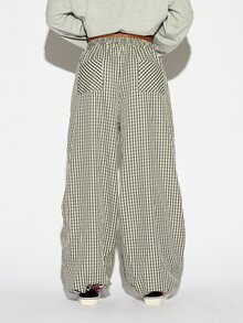 SUMWON WOMEN Wide Leg Checkered Gingham Casual Pants With Drawstring Elastic Waist Relaxed Fit Full Length Summer Holiday Trousers - Black and White - View 5