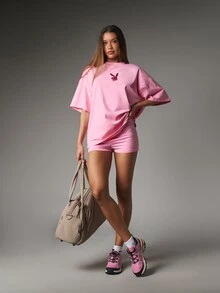 Missguided x Playboy Sequin Script Oversized Crew Neck T-Shirt With Bunny Logo Front And Glitter Back Print For Casual Summer Outings - Pink - View 2