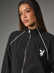Missguided x Playboy Bunny Logo Cropped Windbreaker Jacket With Stand Collar Full Zip White Piping Detail Elasticated Cuffs - Black - View 2