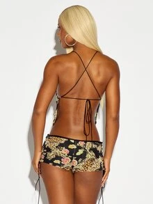 SUMWON WOMEN Baroque Floral Leopard Print Mesh Crop Cami Top With Cowl Neck Rhinestone Embellishment Lace-Up Side Detail Summer Festival - Black - View 5