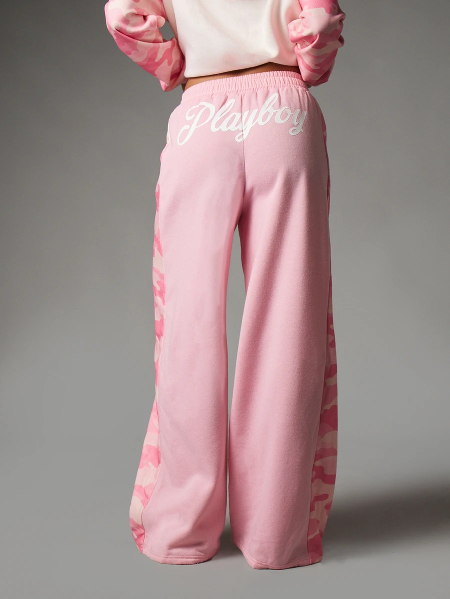 Missguided x Playboy Bunny Logo Wide Leg Sweatpants With Camo Side Panels And Script Back Print Elastic Waist Full Length Casual Lounge Pants - Pink - View 1