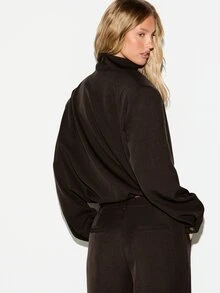 KIZN Draped Cowl Neck Blouse With Structured Shoulder Pads And Button Detail Long Sleeve Wrap Style Top - Chocolate Brown - View 2