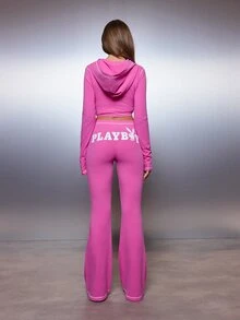 Missguided x Playboy Bunny Logo Cropped Full-Zip Hoodie And Flared Pants Co-Ord Set With Contrast Stitching Detail - Hot Pink - View 7