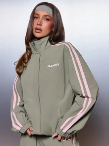 Missguided x Playboy Jaket Windbreaker Oversized dengan Kerah Tegak, Resleting Penuh, Detail Garis Pink, dan Logo Bordir, Panjang Hingga Pinggul. - Olive Green - View 4