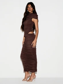 KIZN Ruched High Neck Cap Sleeve Bodysuit With Cut-Out Waist Detail Elegant Night Out Party Evening Top - Coffee Brown - View 4