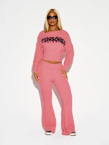 SUMWON WOMEN Fuzzy Flared Full Length Casual Pants With Waistband Text Detail In Soft Plush Knit Fabric Perfect For Fall Winter Cozy Loungewear - Pink - View 4