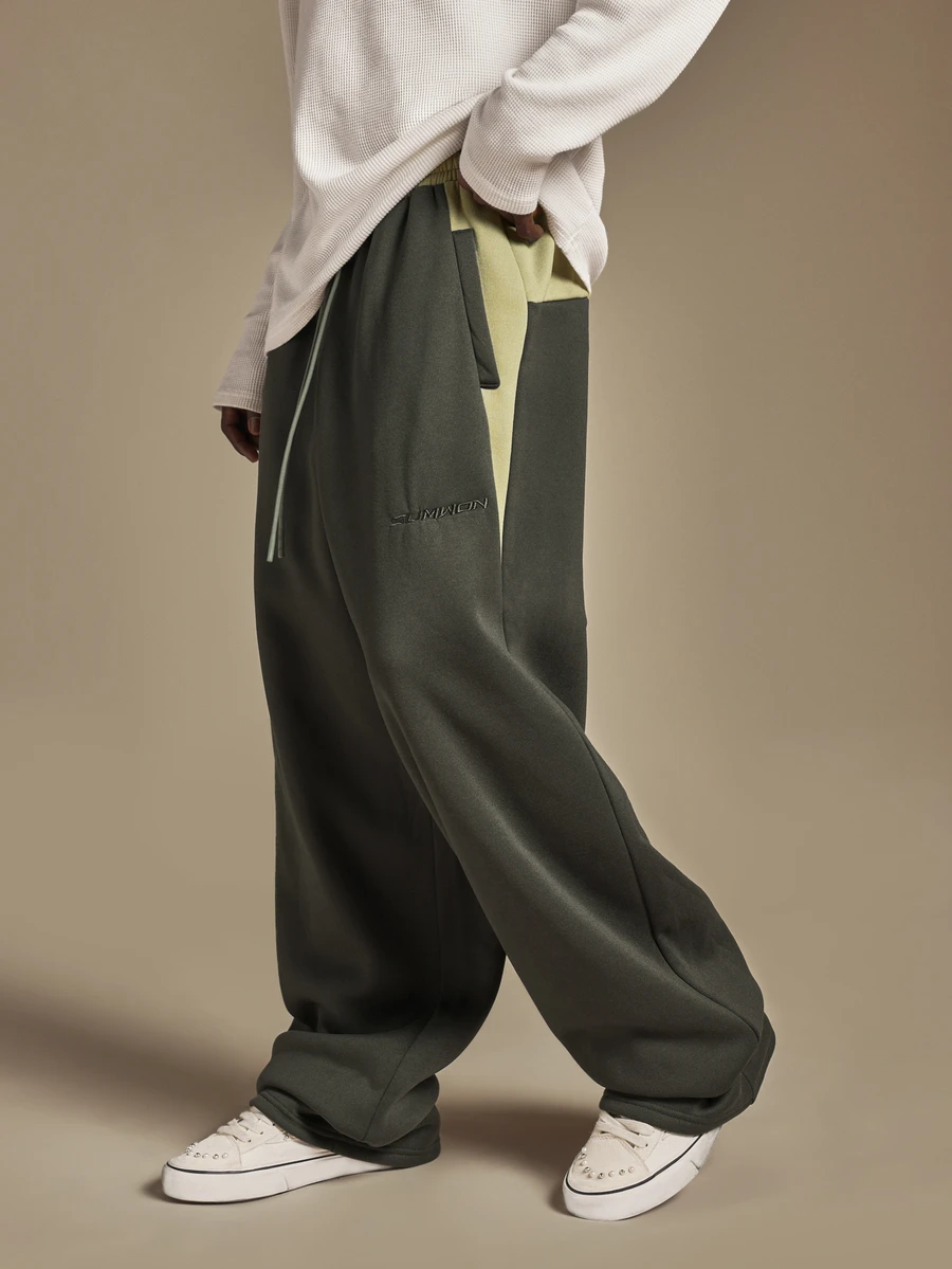 SUMWON Wide Leg Sweatpants Color Block Fleece Drawstring Waist Relaxed Fit Jogger Style Full Length Casual Trousers - Multicolor - View 1