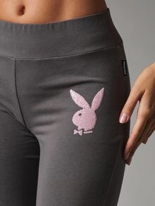 Missguided x Playboy Bunny Rhinestone Logo Flared Leggings Mid Rise Full Length Bootcut Casual Pants With Bum Print Sparkle Detail - Dark Grey - View 5