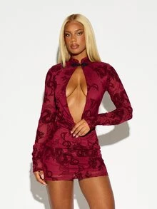 SUMWON WOMEN Dragon Print Plunge Cut-Out Mini Dress With High Neck Frog Clasp Long Sleeve Bodycon Party Night Out Style - Burgundy - View 4