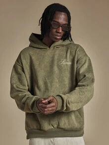 SUMWON Club Oversized Washed Hoodie With Script Logo Print And Centre Pocket Vintage Style Pullover Sweatshirt - Army Green - View 2