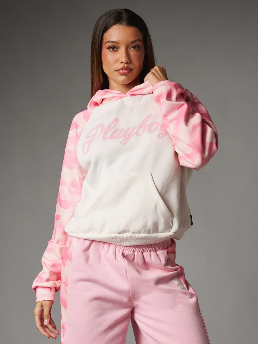 Missguided x Playboy Cropped Sweatshirt With Camouflage Print Sleeves Chest Logo Centre Pocket Oversized Fit Pullover Sweatshirt Fall Winter - Pink - View 1