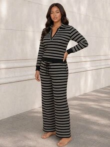 ELLERISSA Setelan Polo Rugby Garis Hitam Ukuran Plus dan Celana Panjang Lebar untuk Musim Gugur - Hitam - View 3