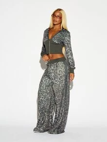 SUMWON WOMEN Winter Essentials Oversized Leopard Print Wide Leg Casual Pants With Metal Eyelet Side Stripe Full Length Loose Fit Elastic Waistband Party Trousers Autumn Warm Cozy - Multicolor - View 4