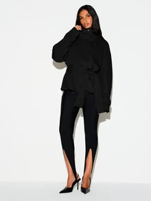 KIZN High Neck Belted Oversized Jacket With Button Front Closure And Wrap Tie Waist Detail For Fall Winter - Black - View 5