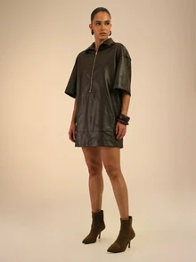Dancing Leopard Dark Brown Leather-Look Relaxed Collared Mini Dress, Everyday Weekend Wear - Brown - View 1