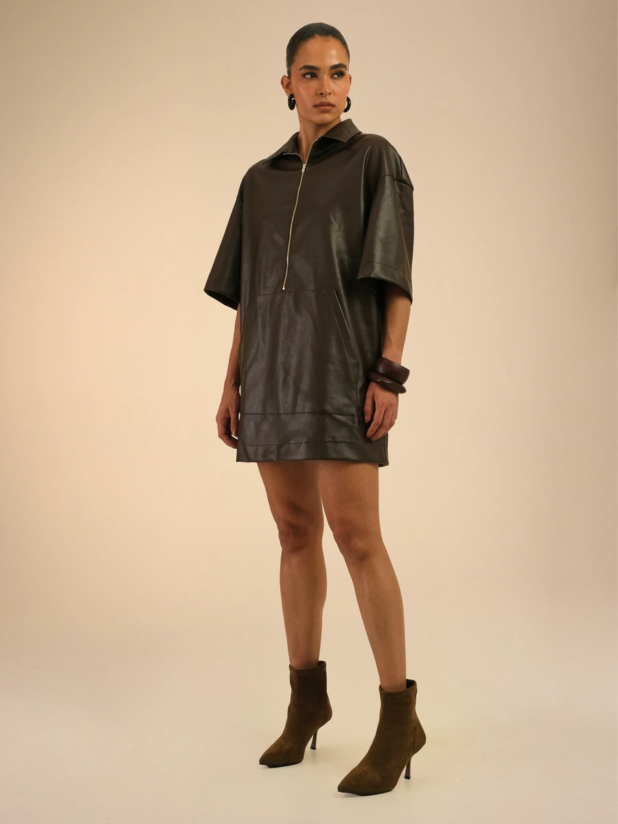 Dancing Leopard Dark Brown Leather-Look Relaxed Collared Mini Dress, Everyday Weekend Wear - Brown - View 1
