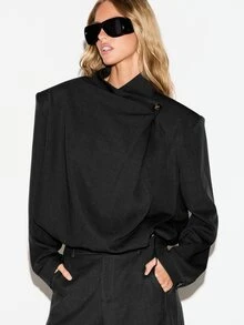 KIZN Blus Model Lilitan dengan Bahu Terstruktur, Detail Kancing, Kerah Tinggi, Lengan Panjang, Atasan untuk Musim Gugur dan Musim Dingin (untuk dipadukan dengan pakaian lain) - Hitam - View 5