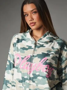 Missguided x Playboy Script Logo Camo Print Wide Leg Full Length Casual Pants With Side Pockets And Elasticated Waist - Multicolor - View 2