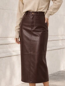 ELLERISSA Brown High Waist Faux Leather Midi Pencil Skirt - Brown - View 1