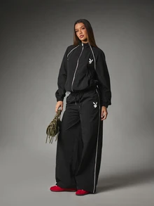 Missguided x Playboy Bunny Logo Wide Leg Nylon Pants With White Contrast Piping Side Pockets Drawstring Waist Full Length Relaxed Fit - Black - View 2