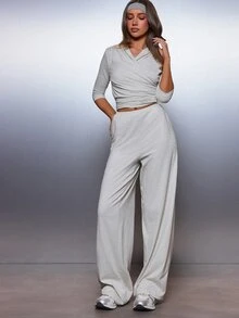MISSGUIDED Wrap Front Ruched Crop Top And Wide Leg High Rise Co-Ord Set With V-Neckline And Three Quarter Sleeves For Spring Summer - Grey - View 4