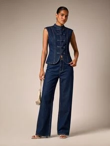 AiiRZ Denim Sleeveless Vest With Mandarin Collar Chinese Frog Knot Button Closure Fitted Silhouette Contrast Stitching Spring Summer Fashion - Navy Blue - View 4