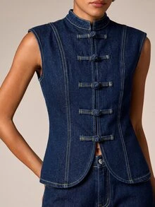 AiiRZ Denim Sleeveless Vest With Mandarin Collar Chinese Frog Knot Button Closure Fitted Silhouette Contrast Stitching Spring Summer Fashion - Navy Blue - View 6