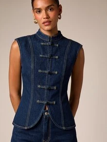 AiiRZ Denim Sleeveless Vest With Mandarin Collar Chinese Frog Knot Button Closure Fitted Silhouette Contrast Stitching Spring Summer Fashion - Navy Blue - View 5