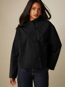 MISSGUIDED Oversized Mandarin Collar Jacket With Frog Button Closure And Wide Sleeves Cropped Length Oriental Inspired Top - Black - View 1