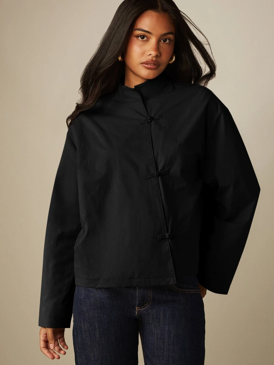 MISSGUIDED Oversized Mandarin Collar Jacket With Frog Button Closure And Wide Sleeves Cropped Length Oriental Inspired Top - Black - View 1