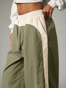 MISSGUIDED Wide Leg Parachute Trousers With Contrast Side Stripe And Elasticated Waistband - Relaxed Fit Pull-On Pants - Khaki - View 5