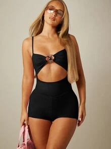 Missguided x Playboy Bộ jumpsuit ngắn romper cut-out chi tiết vòng thỏ và logo gương, phong cách lễ hội tiệc tùng mùa hè - màu đen - Xem 1